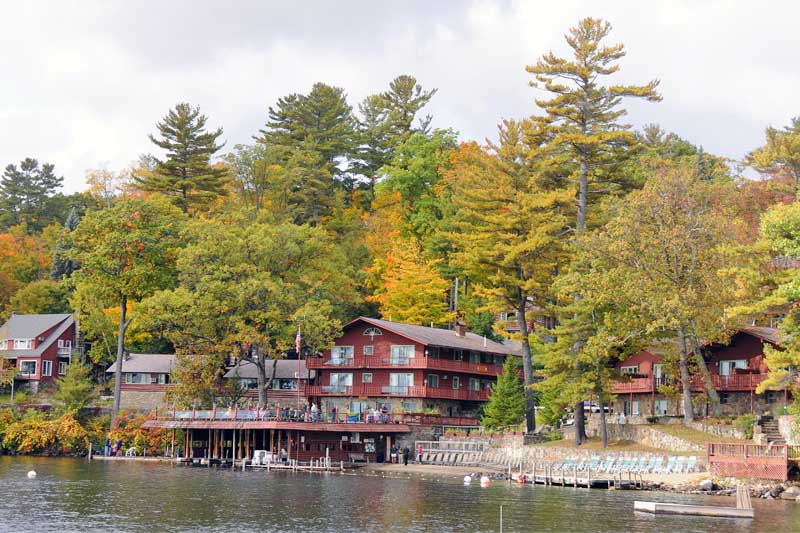 View of canoe island buildings from the lake